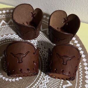 VTG Libbey Bamco Brown Leather Western Longhorn Hand Tooled Glass coozies